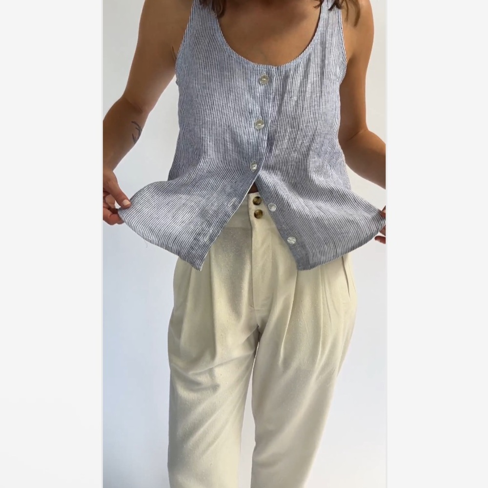 Na Nin Ryan Linen Top Striped Tank Button-Up Linen Blue White Medium
